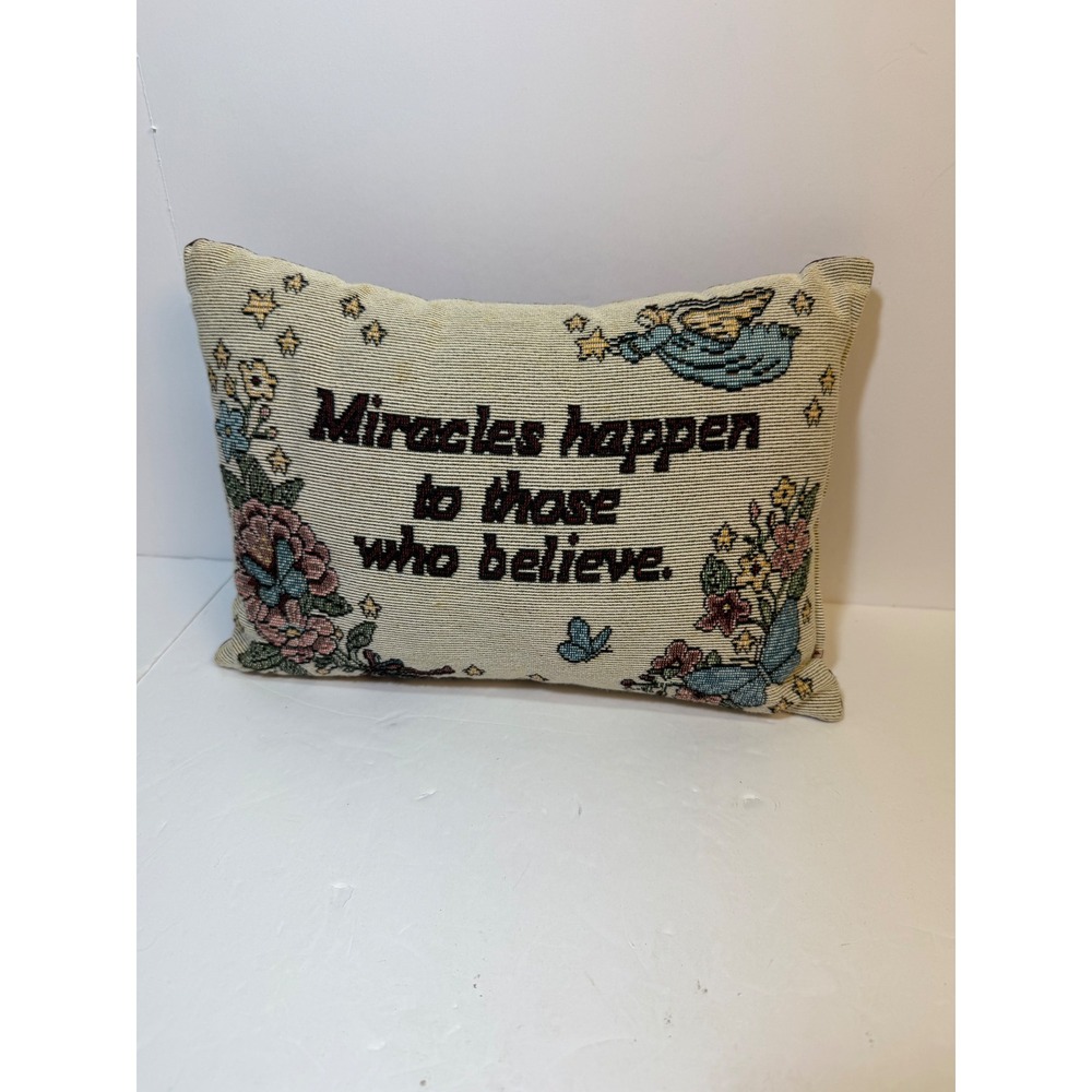 Vintage Woven Tapestry Accent Pillow Miracles Happen Angel Floral Burgundy 12x8